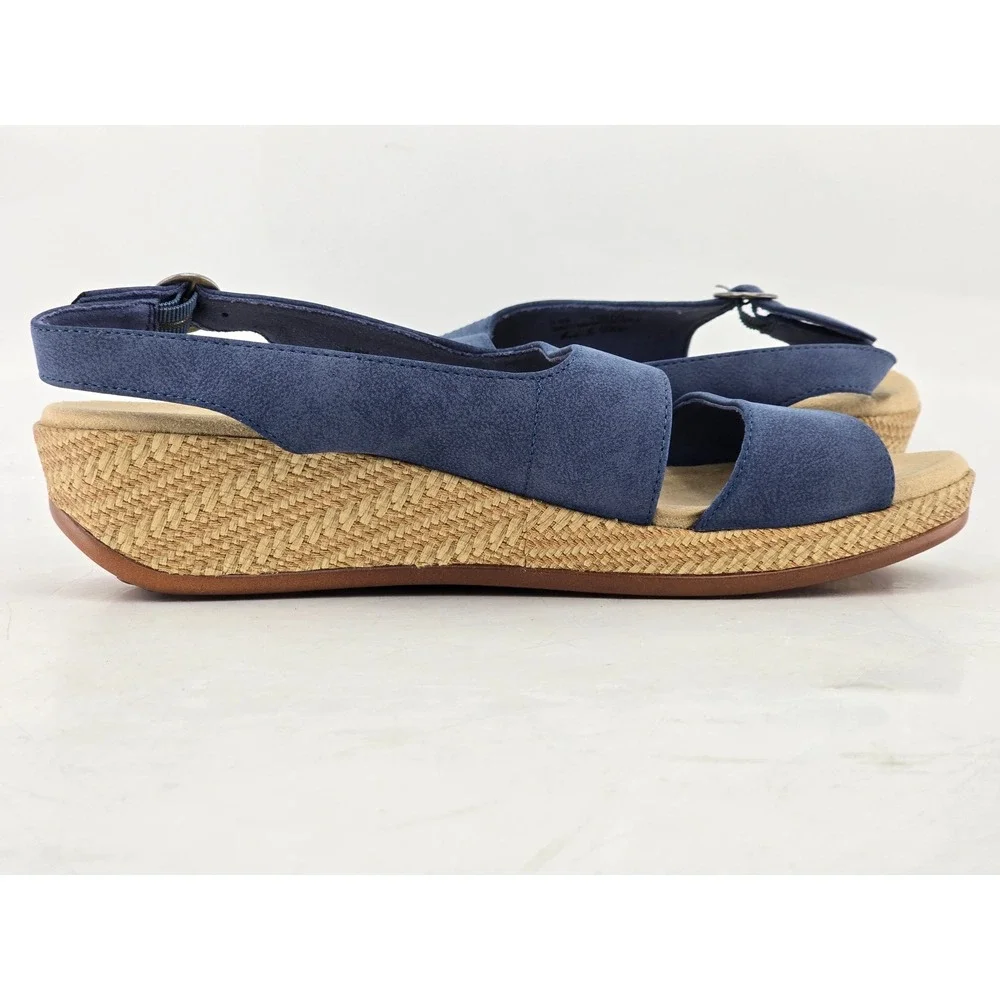 Easy Street Wedge Sandals Womens 10WW Blue Slingback Espadrille -Excellent